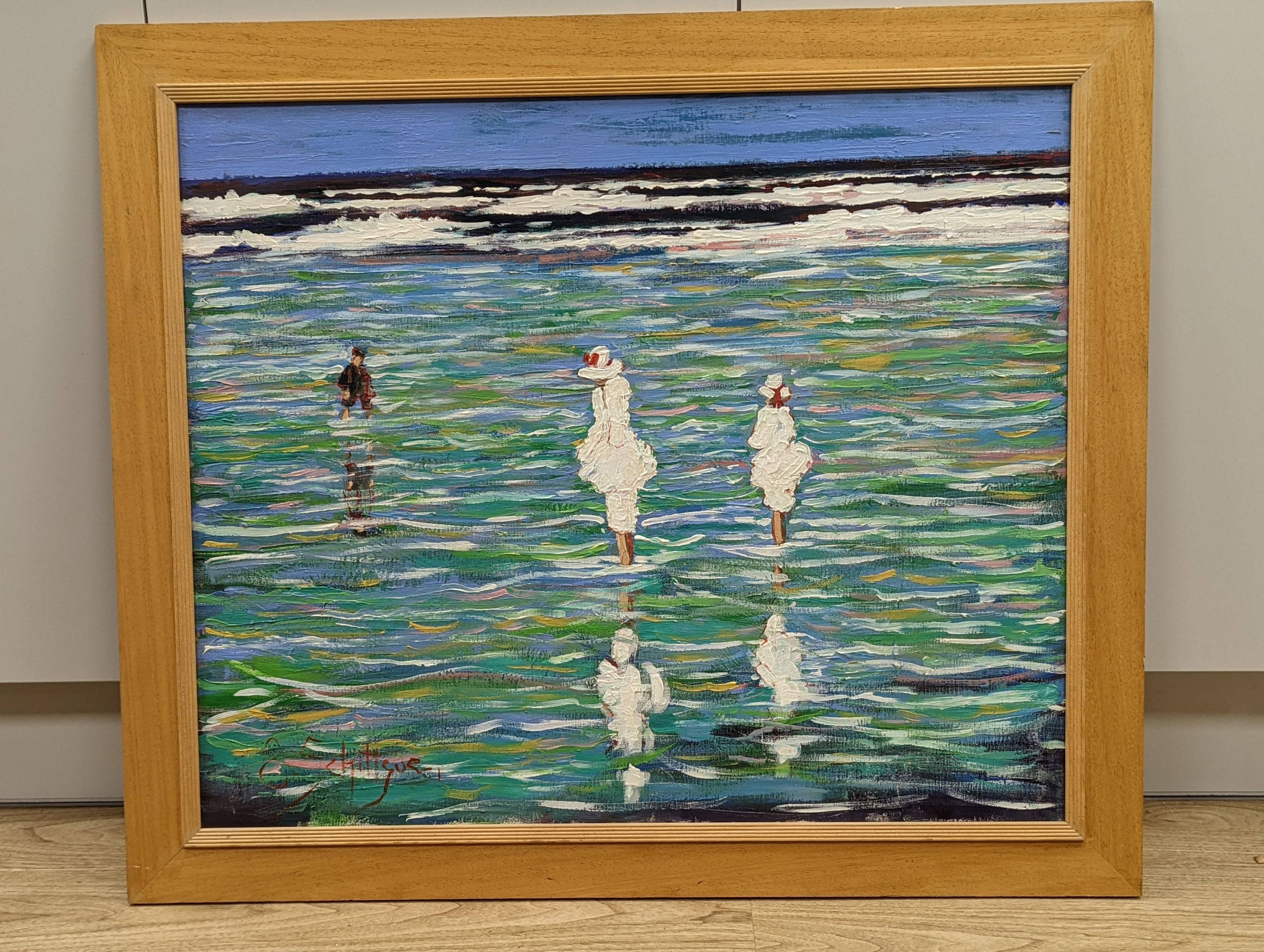 E. Schitigue, oil on canvas, Figures on the shore, signed, 62 x 75cm